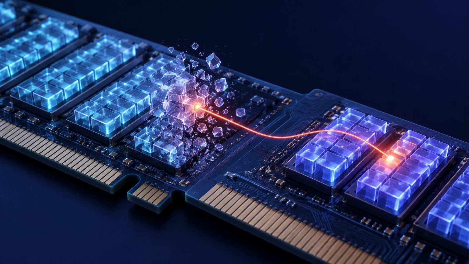 Una referencia luminosa conecta bloques de memoria con una zona que se fragmenta, representación de un puntero obsoleto.